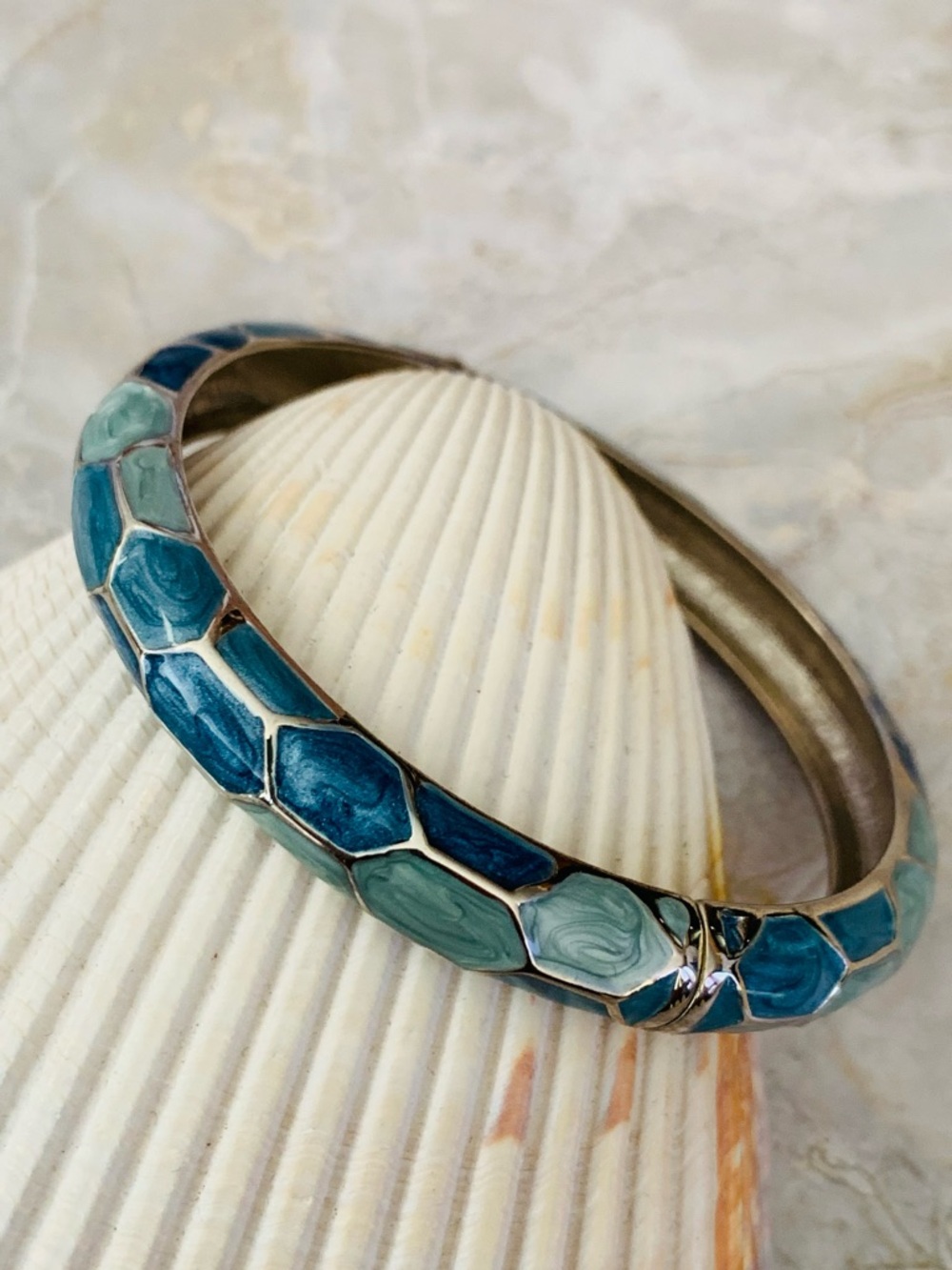 Teal & Seafoam Enamel Hinged Bangle Bracelet